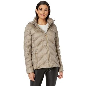 Michael Kors Taupe Chevron Packable Down Coat With Removable Hood
